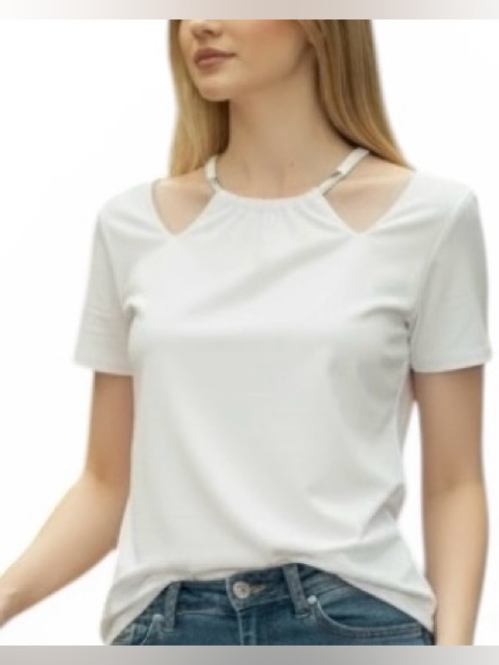 INC International Concepts White Cutout O-Ring Top Cold Shoulder Short Sleeve M